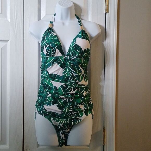 Tropical green fern halter v neck bathing suit swim suit  Sz M NWOT - Picture 1 of 6